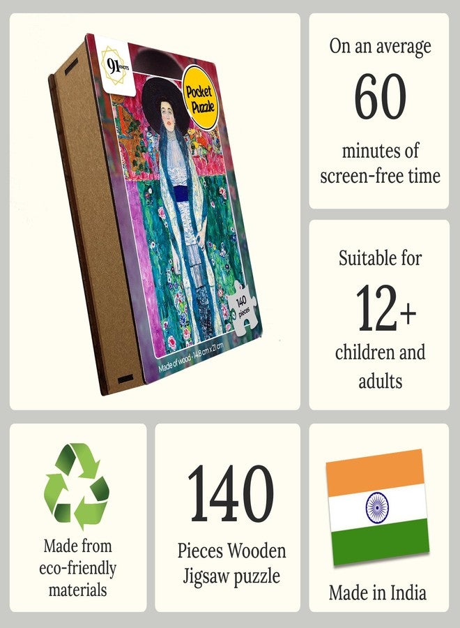 91Knots | Portrait of Adele Bloch-Bauer II by Gustav Klimt | 140pcs Premium Wooden Puzzle for Adults & Kids 5+ | Fine Art Jigsaw | Pocket Puzzle | Ideal Travel Friendly Gift - Image 3